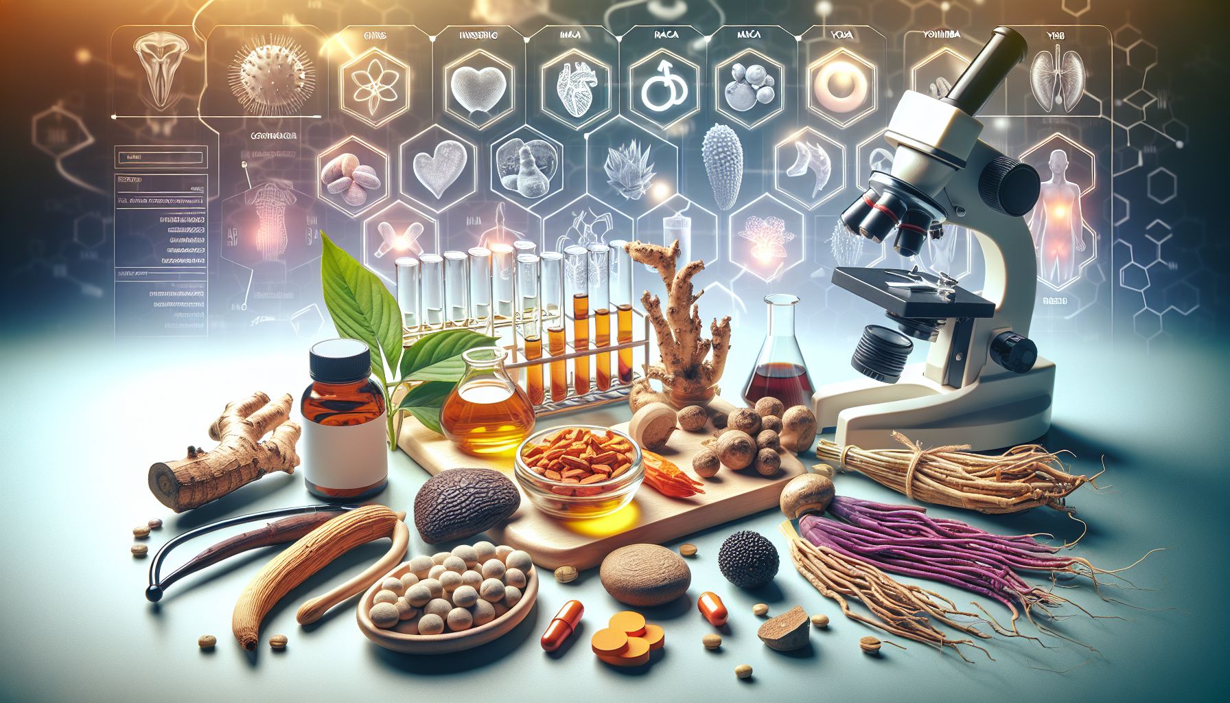 Herbal Viagra alternatives for men – natural supplements, roots, and capsules on table